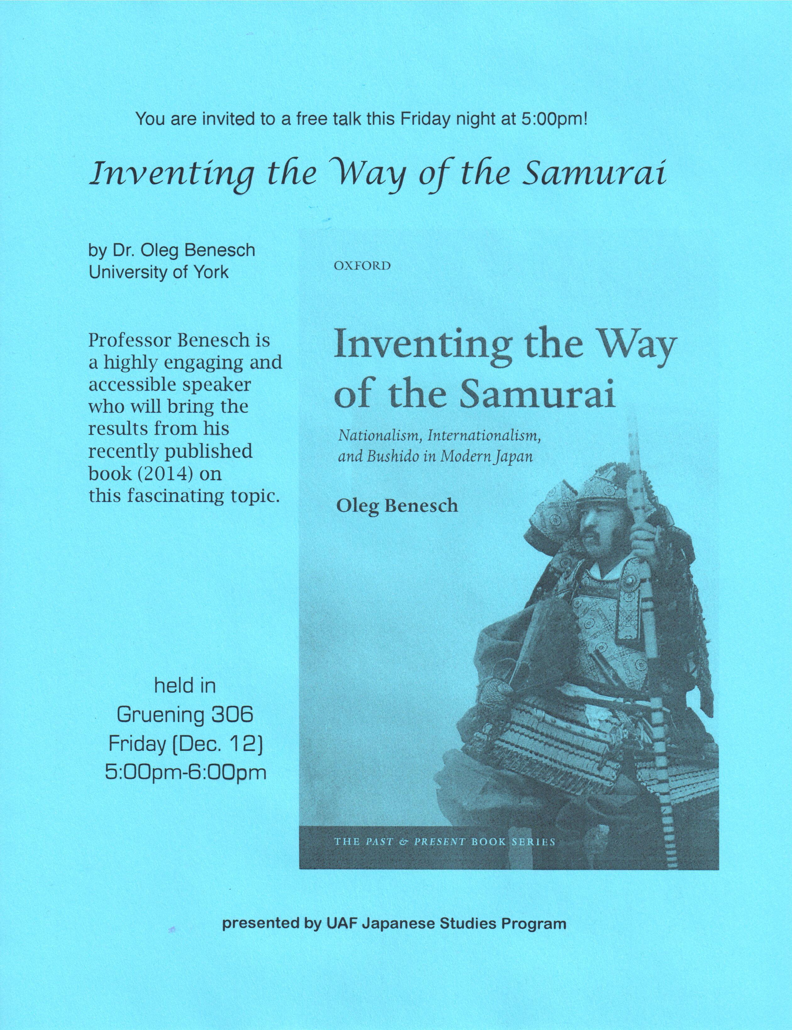 Flyer for free talk by Dr. Oleg Benesch - Inventing the Way of the Samurai
