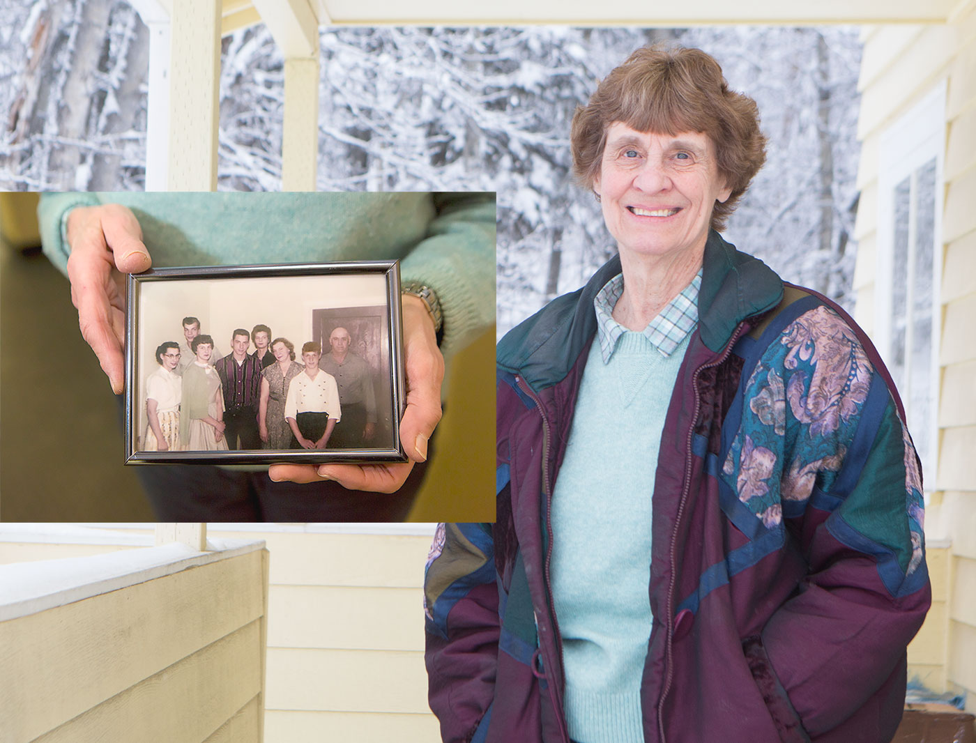 Barbara Thomas stands outside the Palmer Extension Mess Hall building. In the inset, Thomas holds a family photo featuring herself, second from right. Her parents, Viola and Bill Lentz, standing to each side of her, came to Alaska in May 1935 as participants in the Matanuska Colony. To learn about living in the North, Viola Lentz took classes offered by the Cooperative Extension Service. Today, Thomas continues to take similar classes. UAF photo by JR Ancheta.
