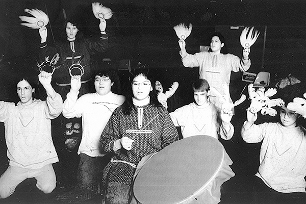 Students from the UAF Native dance class sing traditional Chevak Cupik songs during a rehearsal for the 1992 Festival of Native Arts. Fairbanks Daily News-Miner photo by Dan Hyde.