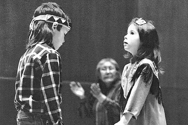 Kyle, 7, and Colette, 6, Wiehl of Cruikshank Elementary School in Beaver dance during the 1992 Festival of Native Arts. Fairbanks Daily News-Miner photo by Doris Pfalmer.