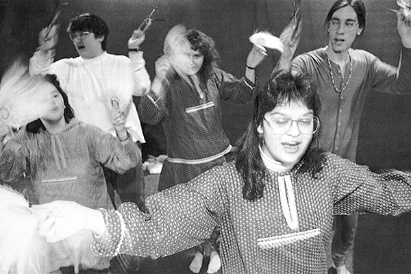 Students from the UAF Native dance class practice a Chevak Cupik traditional song and dance in preparation for their performance during the 1992 Festival of Native Arts. Fairbanks Daily News-Miner photo by Dan Hyde.