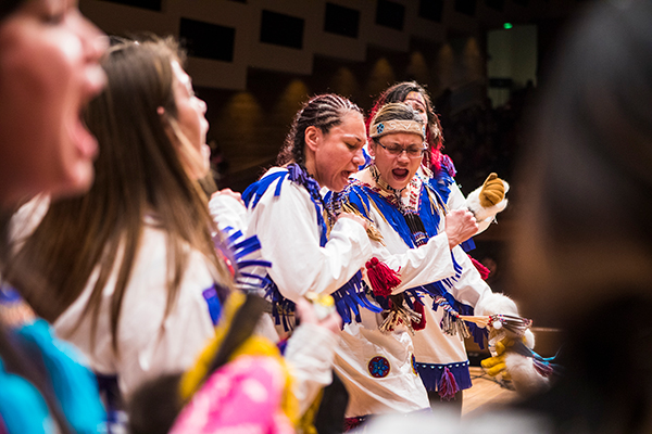 Participants sing and dance at the 2018 Festival of Native Arts. UAF photo by JR Ancheta.