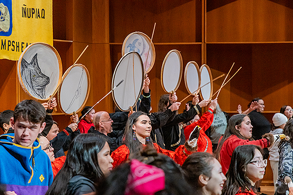 Drummers and singers perform during day one of the 2024 Festival of Native Arts. UAF photo by Marina Santos.