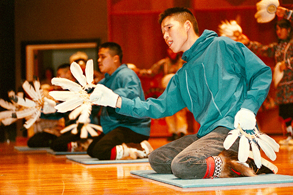 The KUC Dancers perform a hunting ritual dance during the 1998 Festival of Native Arts at the Charles Davis Concert Hall. Fairbanks Daily News-Miner photo by Matt Hage.