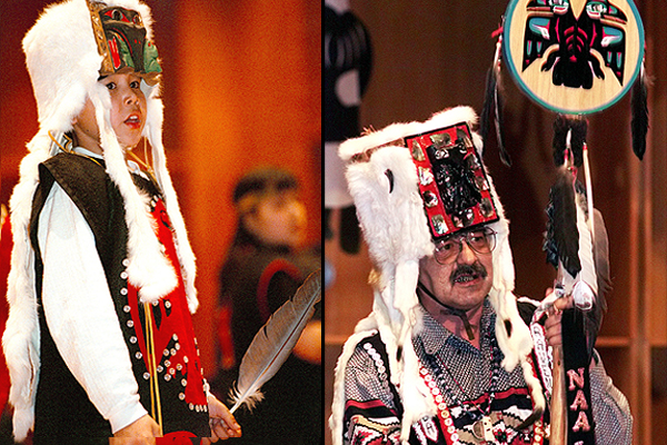 Left photo: Manuel Tumulak, 9, of Anchorage performs an exit dance with the Tlinglit and Haida Dancers during the 1998 Festival of Native Arts at the Charles Davis Concert Hall. Sixteen dance groups participated in the 25th festival. Fairbanks Daily News-Miner photo by Matt Hage. Right photo: Walter Graham, of Metlakatla, dances with the group Naa Luudisk Gwaii Yatxi during the opening night performances of the 1999 Festival of Native Arts in the Davis Concert Hall. The troupes name translates to Children of the Islands Who Learn. Fairbanks Daily News-Miner photo by Sam Harrel.
