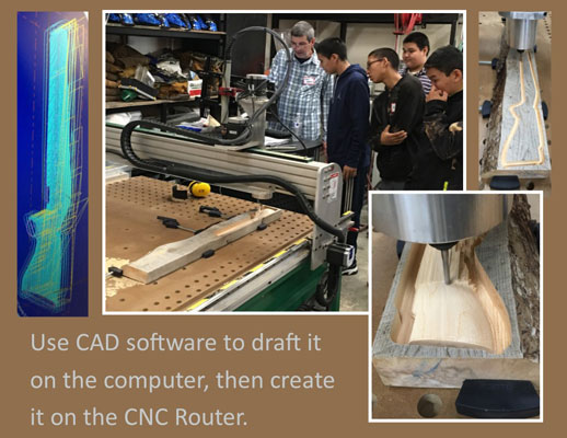 Student gather around the CNC router as it creates an object in wood - superimposed text - Use CAD software to draft it on the computer, then create it on the CNC Router