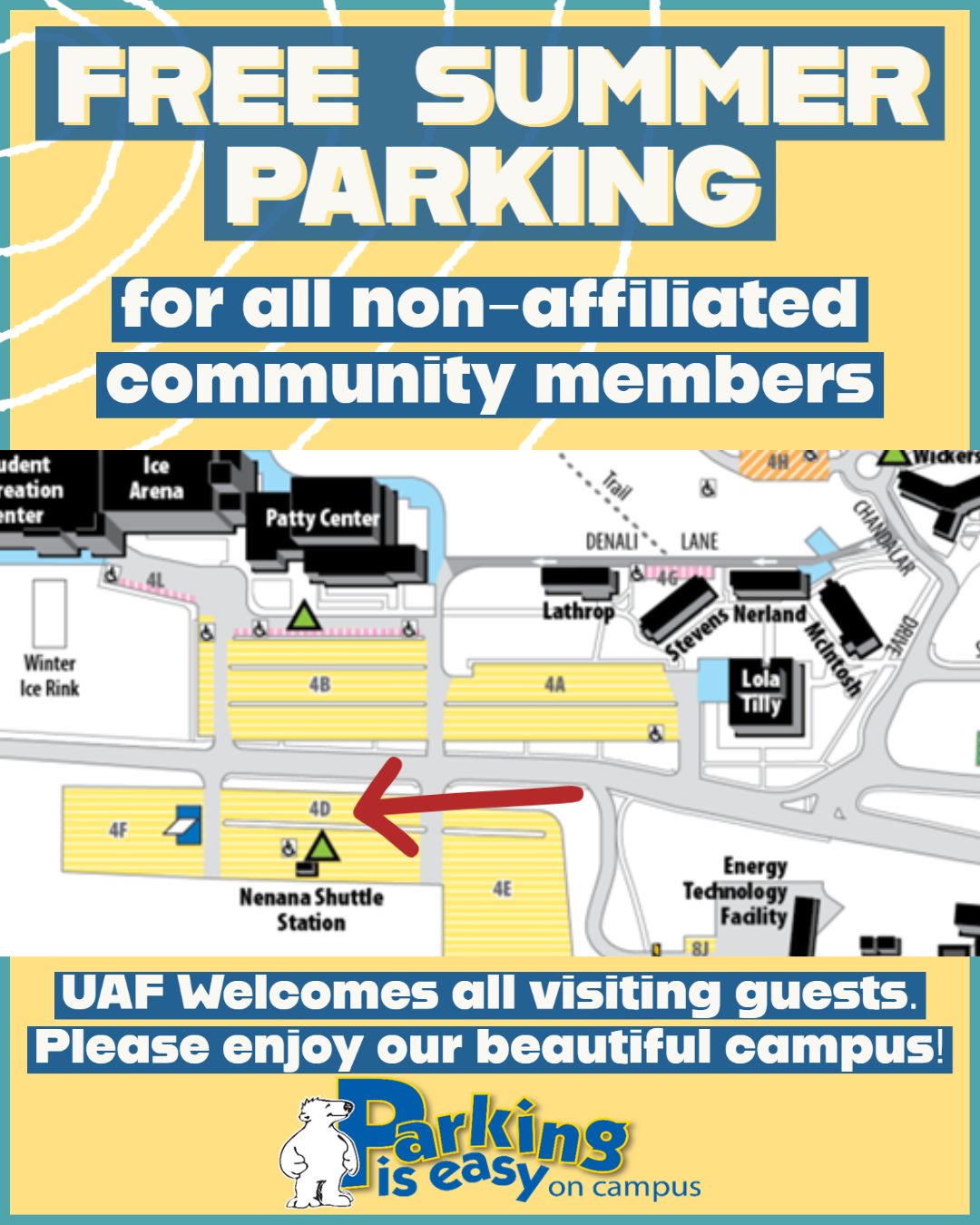 Map pointing out free parking at UAF