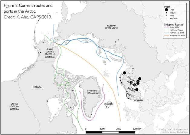 Map of current routes and ports in the Arctic