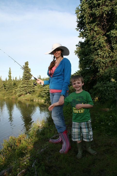 Shelbie and her son, Aiden, fish south of Fairbanks in the Alaska Range.