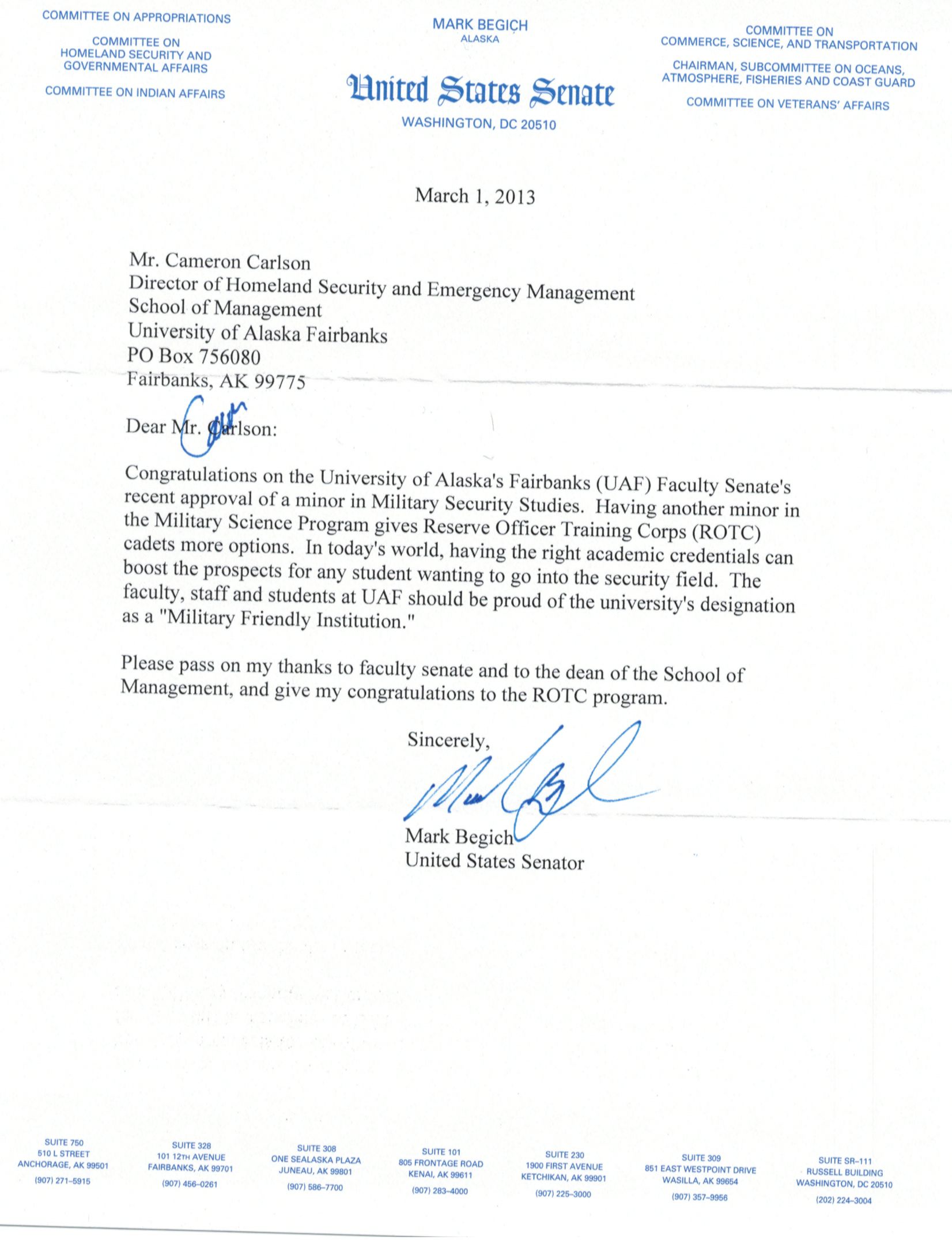 Letter of Congratulations from Senator Begich