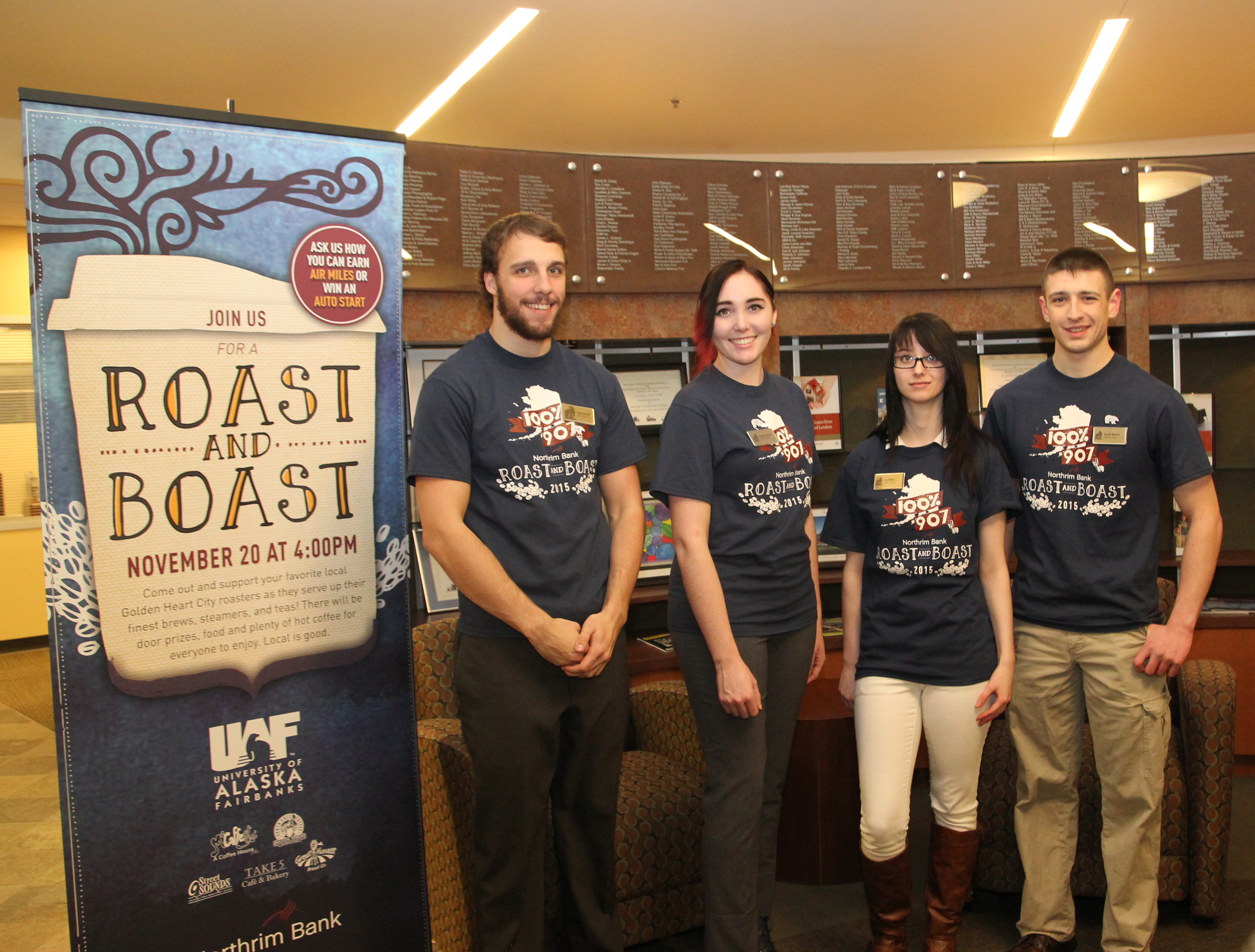 SOM Principles of Marketing students Pat Lassell, Chelsea Roehl, Lyz Allen, and Jake Mooty at Roast and Boast 2015. Photo by Sarah Sackett.