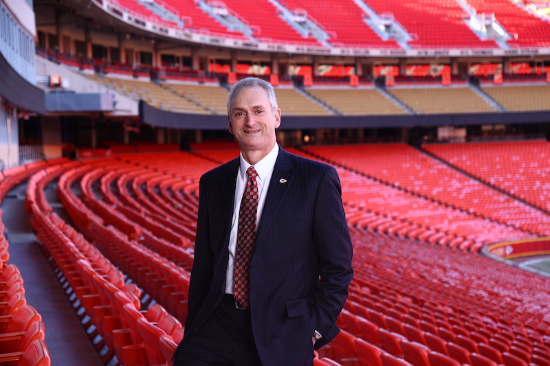 Dan Crumb, CFO of the Kansas City Chiefs, poses in Arrowhead Stadium