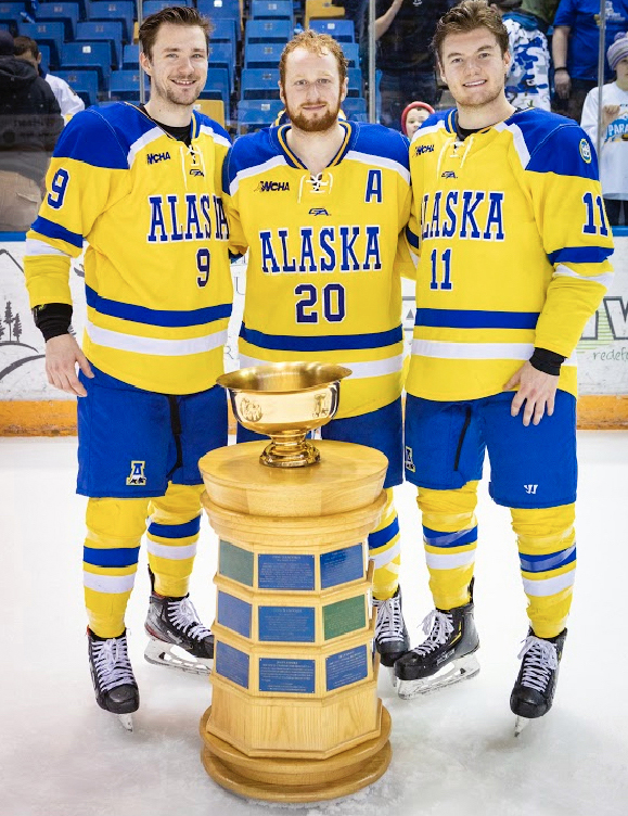 UAF Nanooks hockey team claims the 2020 Governor’s Cup. L to R: Justin Young, Max Newton and Steven Jandric. Photo courtesy of Justin Young.