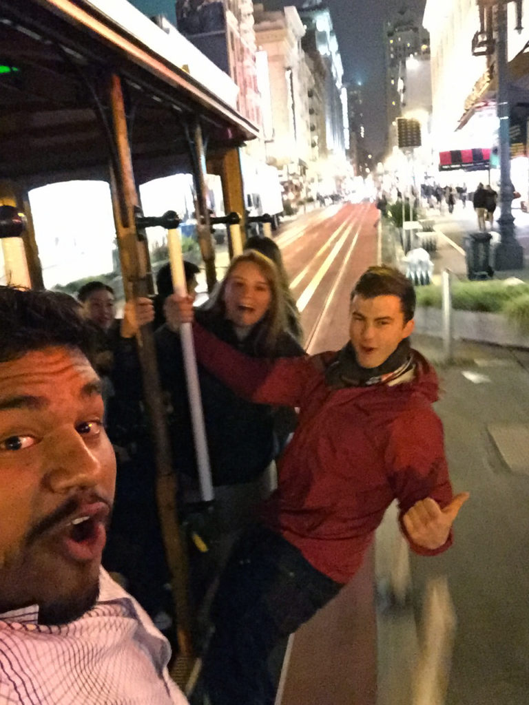 Henry Bolanos, Claressa Ullmayer, and Huckleberry Hopper, enjoying the night life on the trolley on their first night in San Francisco