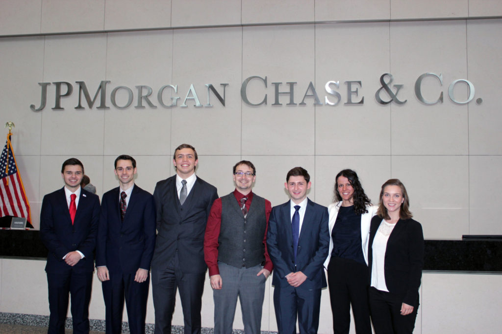 SIF Students (L to R) at JP Morgan Chase & Co: Peter Freymueller, Jeremy Weaver, Ben Carstens, JP Landry, Lutfi Lena, Anni Uhl, and Celie Hull