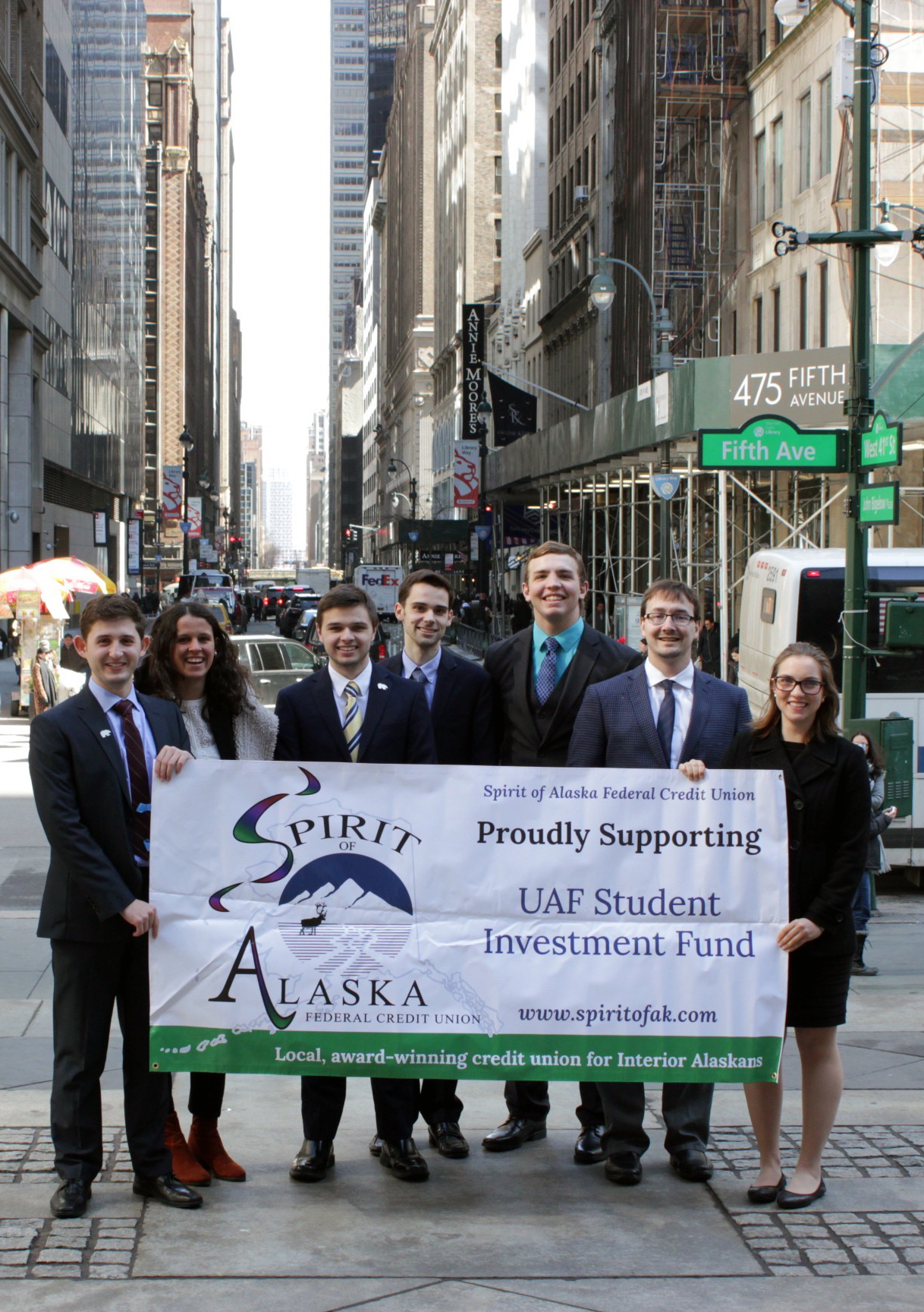 SIF Students (L to R) on 5th Avenue in NYC: Lutfi Lena, Anni Uhl, Peter Freymueller, Jeremy Weaver, Ben Carstens, JP Landry, and Celie Hull