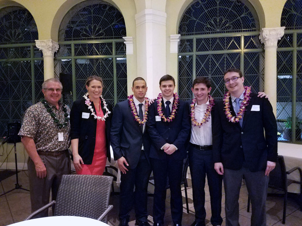 Howard Hodel (President CFA Society Hawaii), Kim McGinnis (Faculty Advisor), Marcus Brown, Peter Freymueller, Lutfi Lena, and JP Landry at the 2018 CFA Research Challenge in Honolulu, Hawaii. 