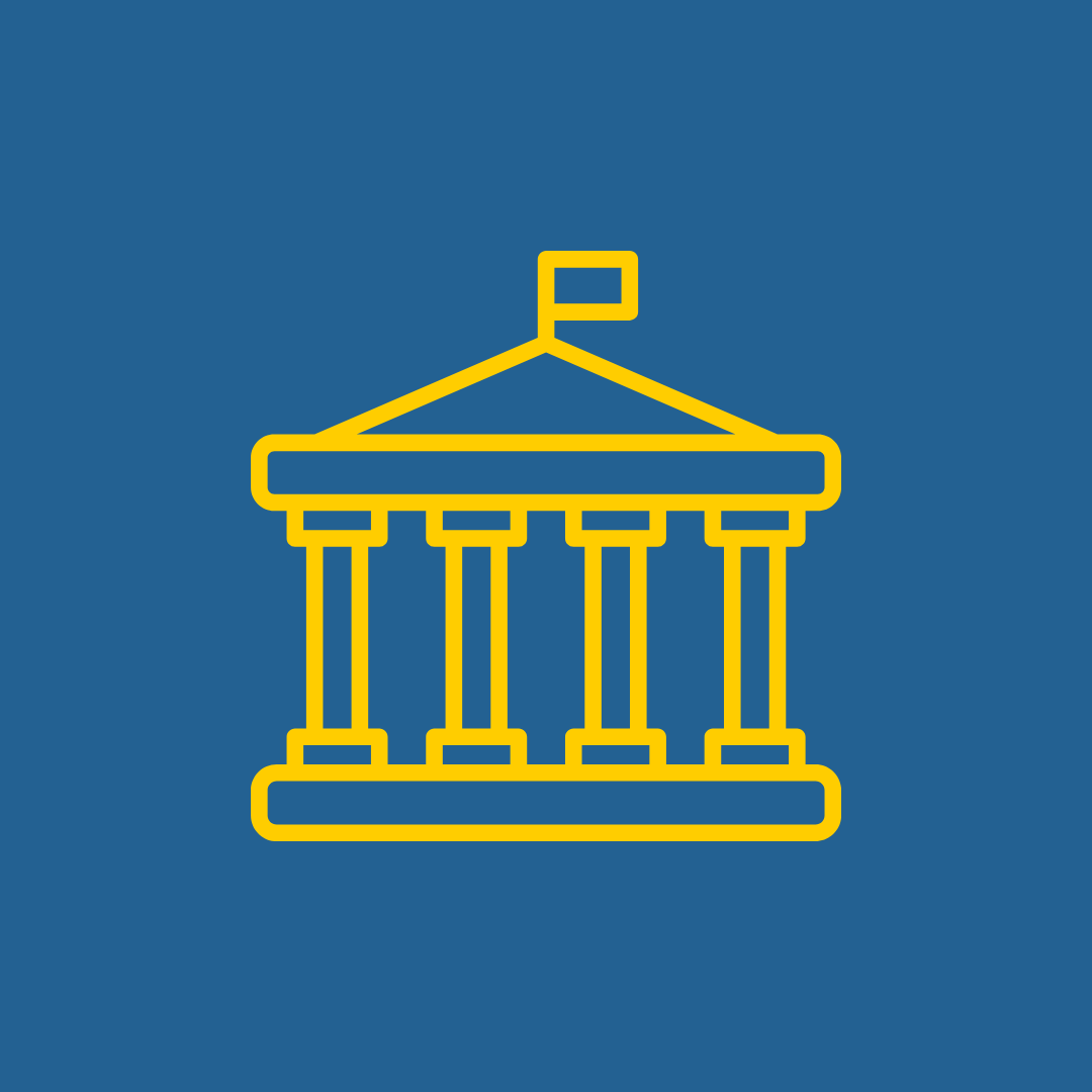 yellow icon of government building with blue background