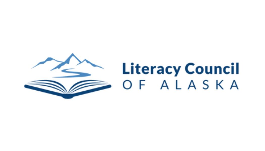 Literacy Council of Alaska blue text, mountain and book graphic