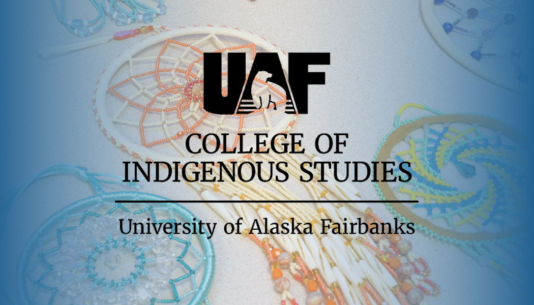 UAF CIS logo in black overlaying image of colorful dreamcatchers