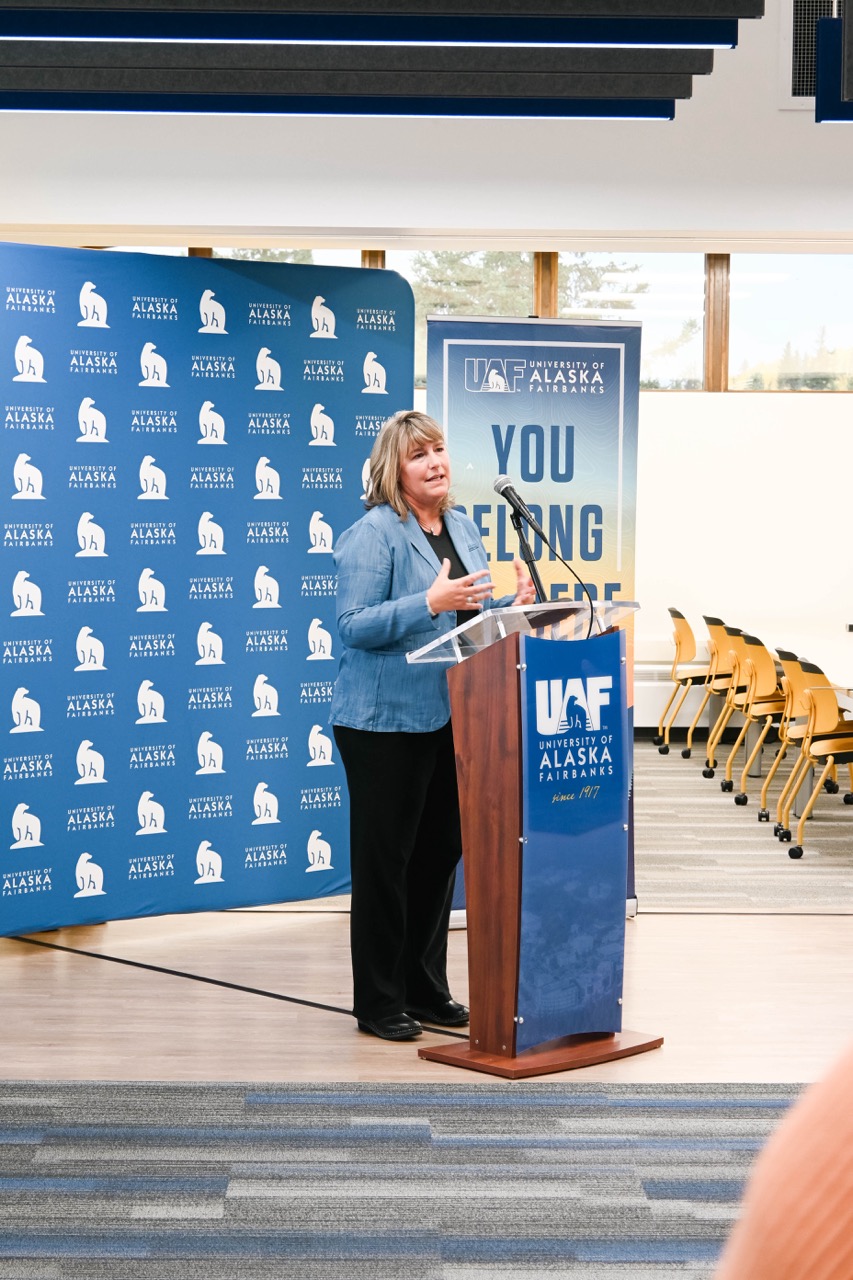 Tracy speaks at the reveal of the UAF Rasmuson Library Student Success Center on the Troth Yeddha’ Campus.