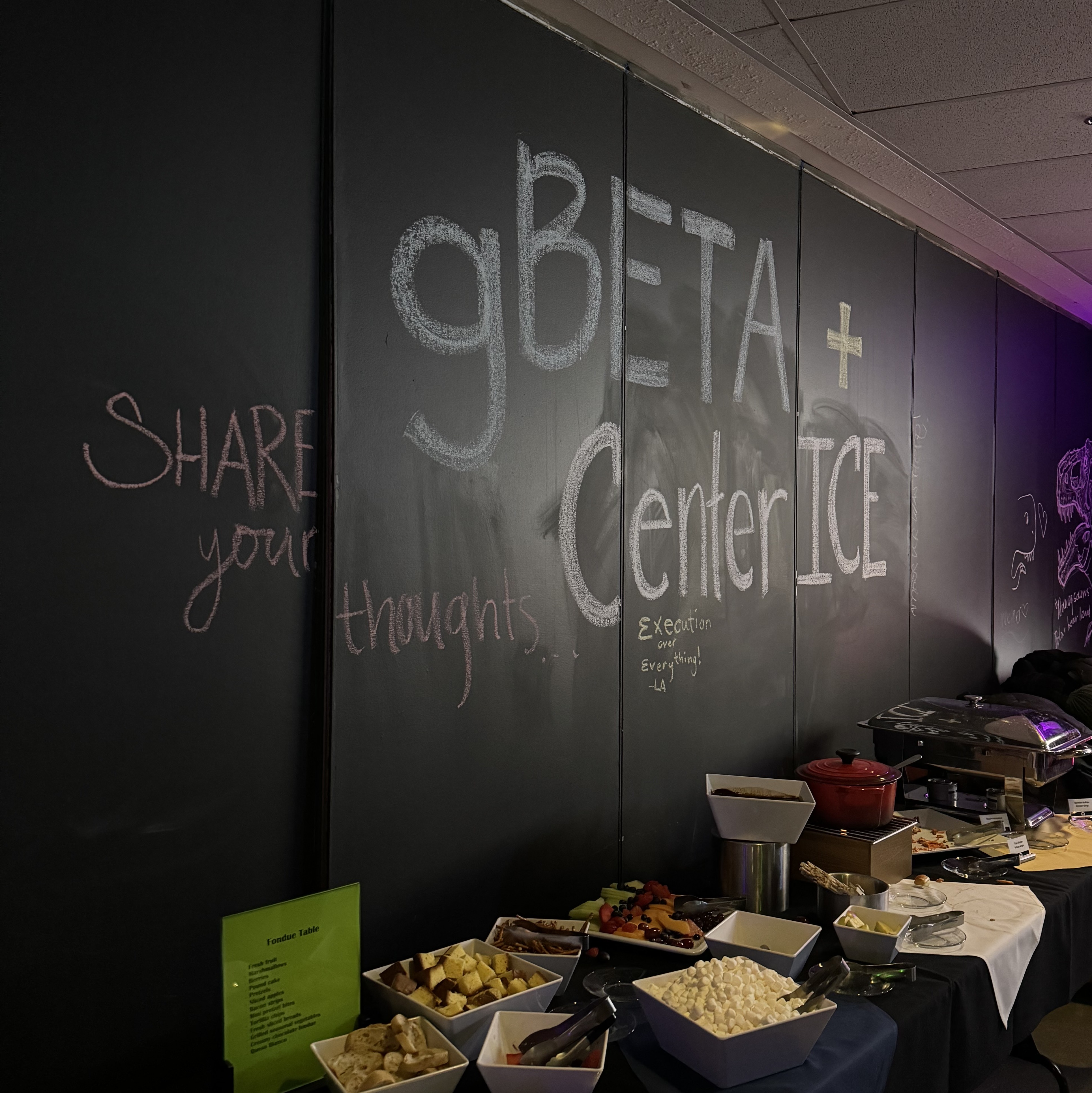 gBETA + Center ICE written on chalk wall above a table of snacks.