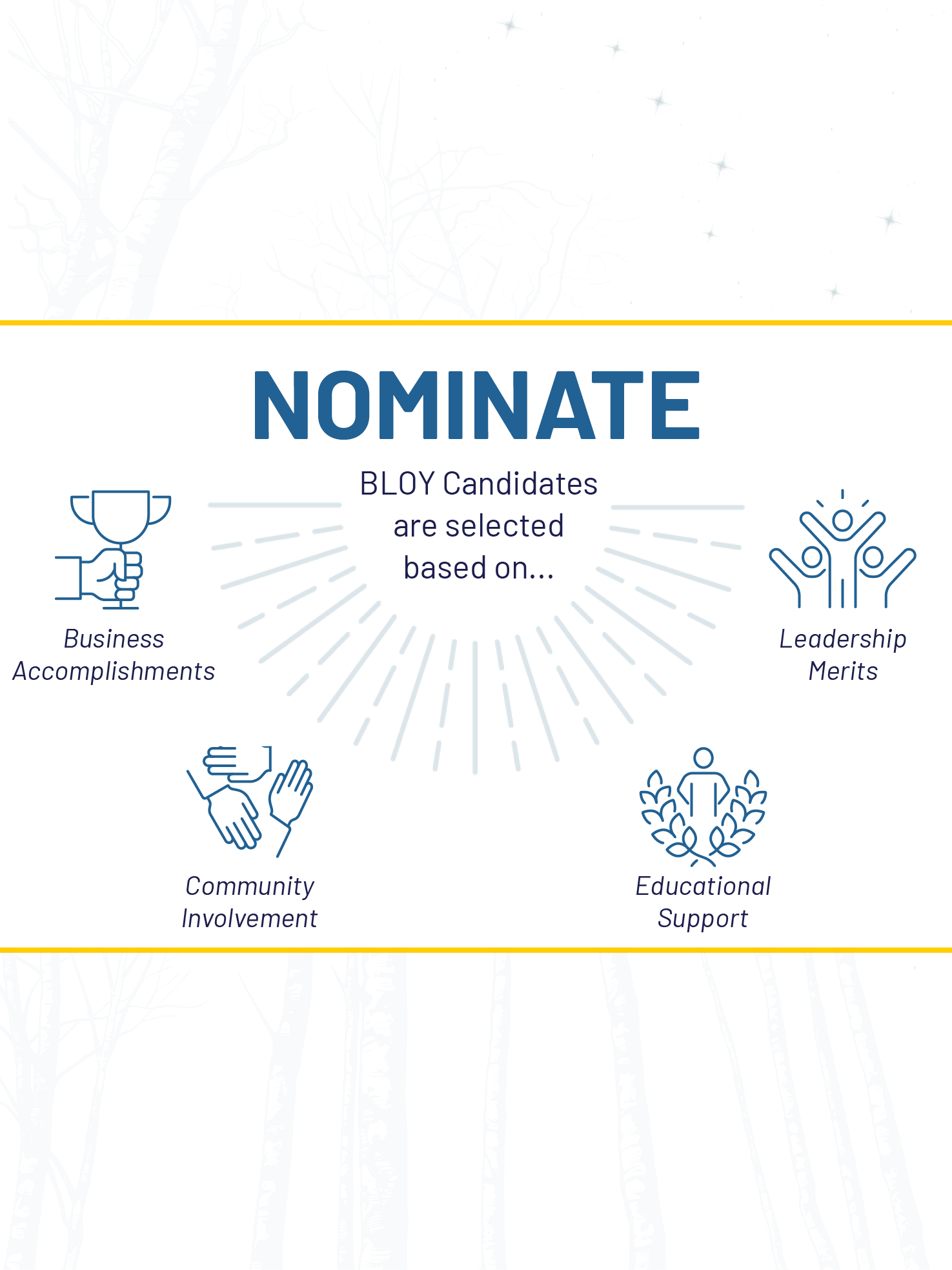 NOMINATE. BLOY Recipients are selected based on business accomplishments, community involvement, educational support, and leadership merits.