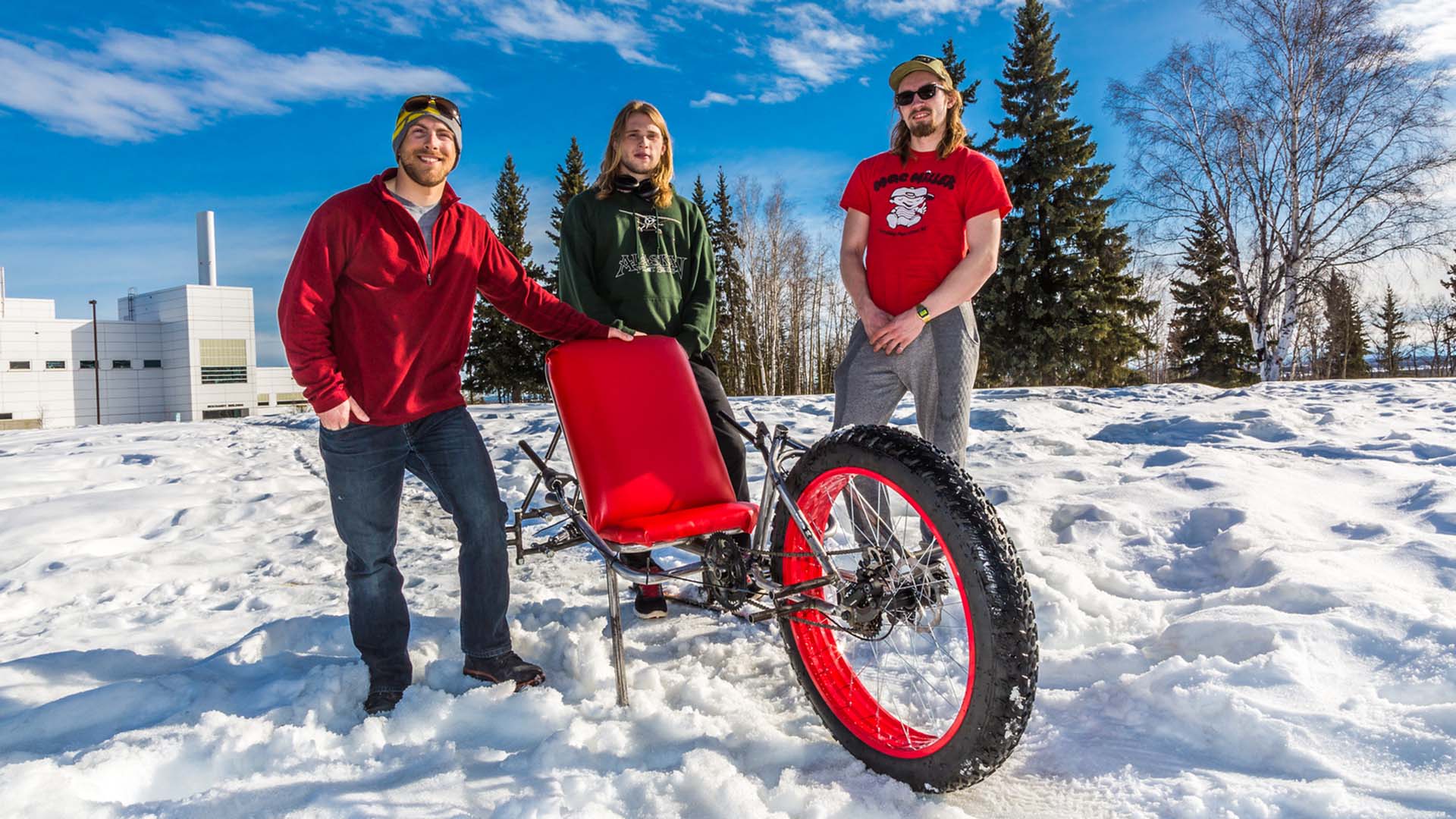 Mechanical engineering majors pose with their fat tire ski bike they designed and built for paraplegic users as their spring 2016 senior design project.