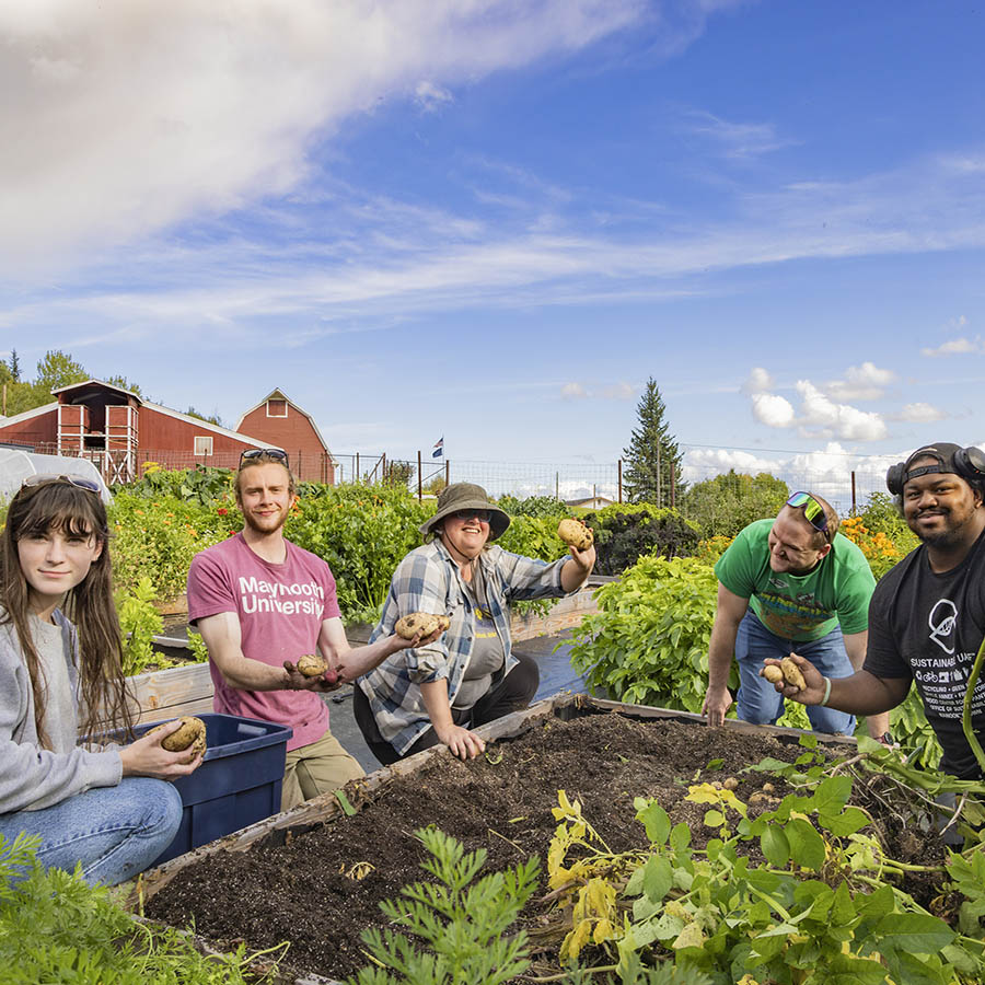 Group of people standing around a garden bed