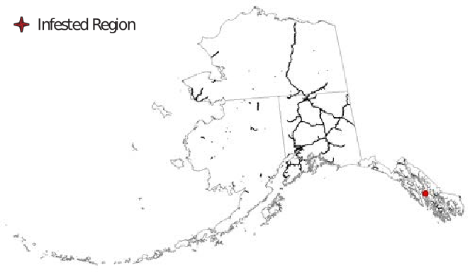 The state of Alaska with dots representing infestation