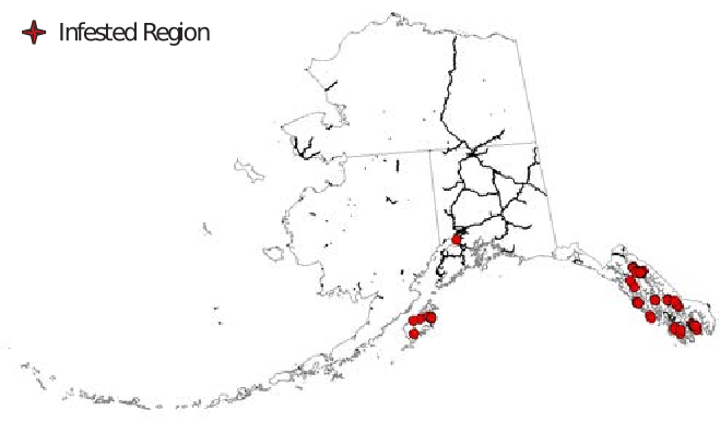 The state of Alaska with dots representing infestation