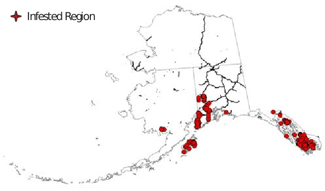 The state of Alaska with dots representing infestation