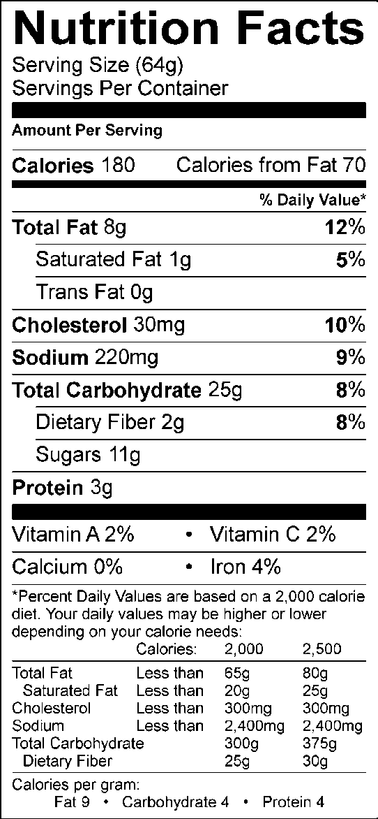 Nutrition facts, with 64g serving size, 180 calories, 70 calories from fat