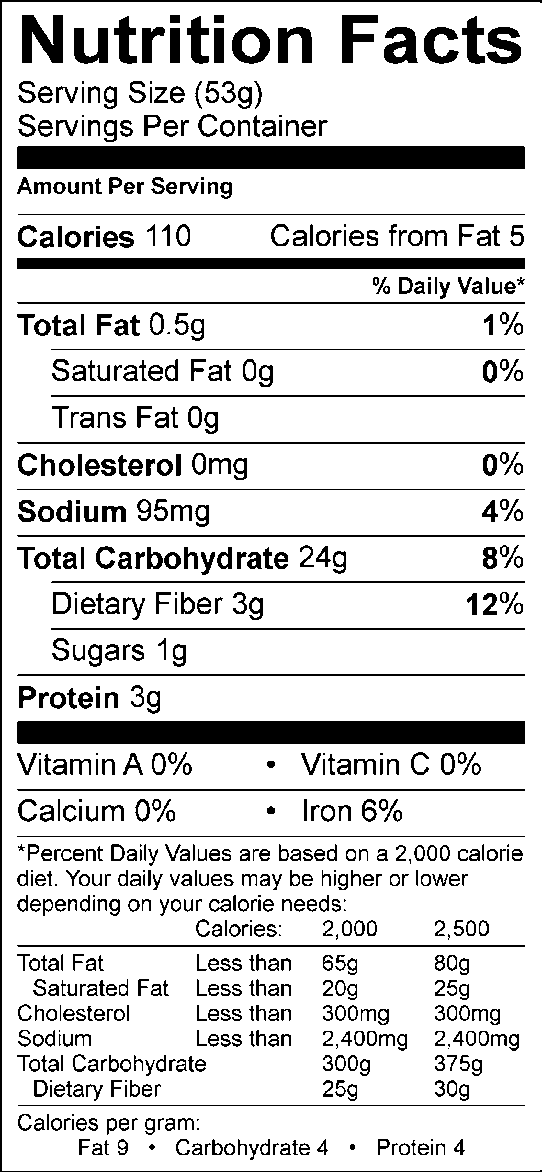Nutrition facts, with 53g serving size, 110 calories, 5 calories from fat