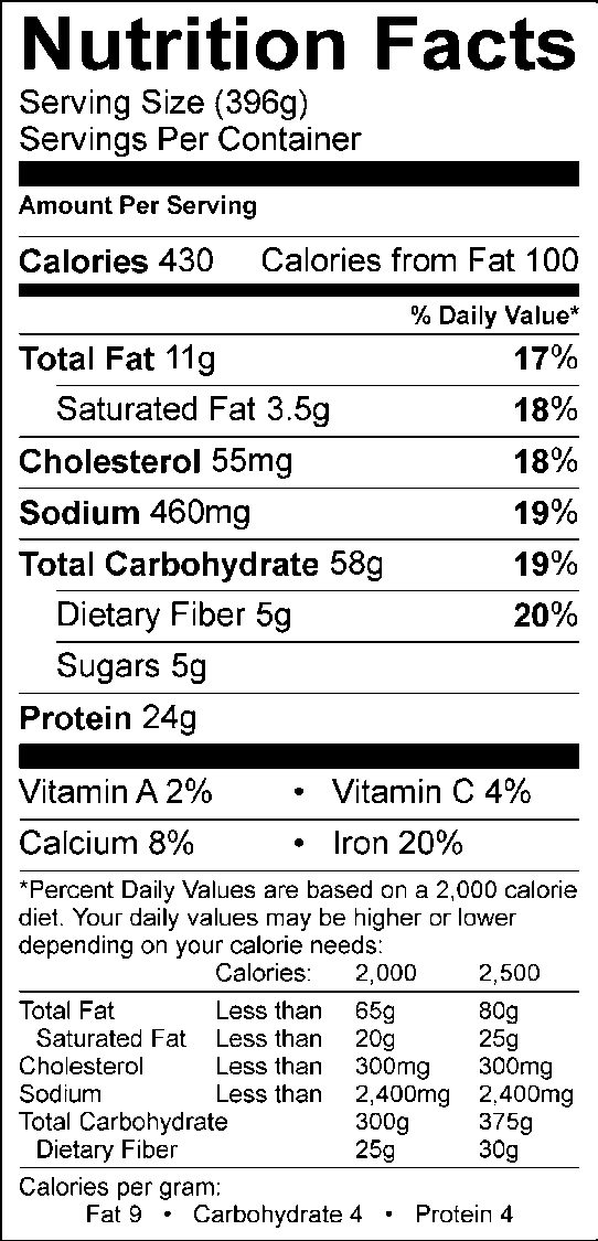 Nutrition facts, with 396g serving size, 430 calories, 100 calories from fat