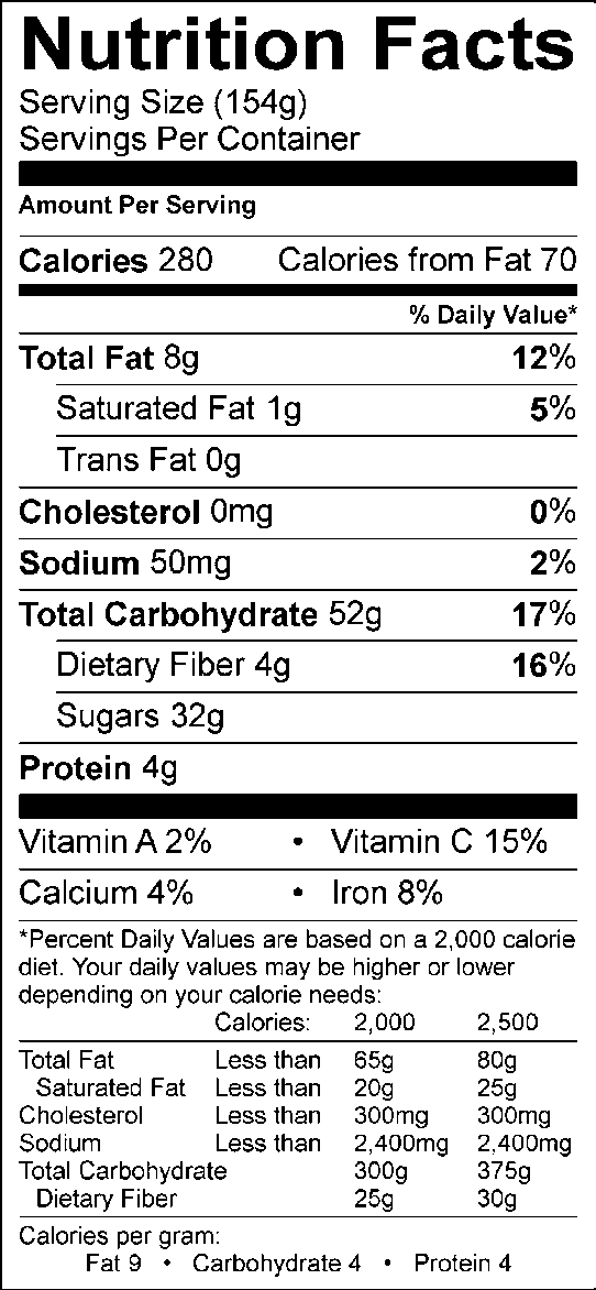 Nutrition facts, with 154g serving size, 280 calories, 70 calories from fat