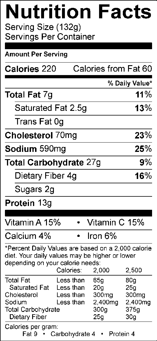 Nutrition facts, with 132g serving size, 220 calories, 60 calories from fat