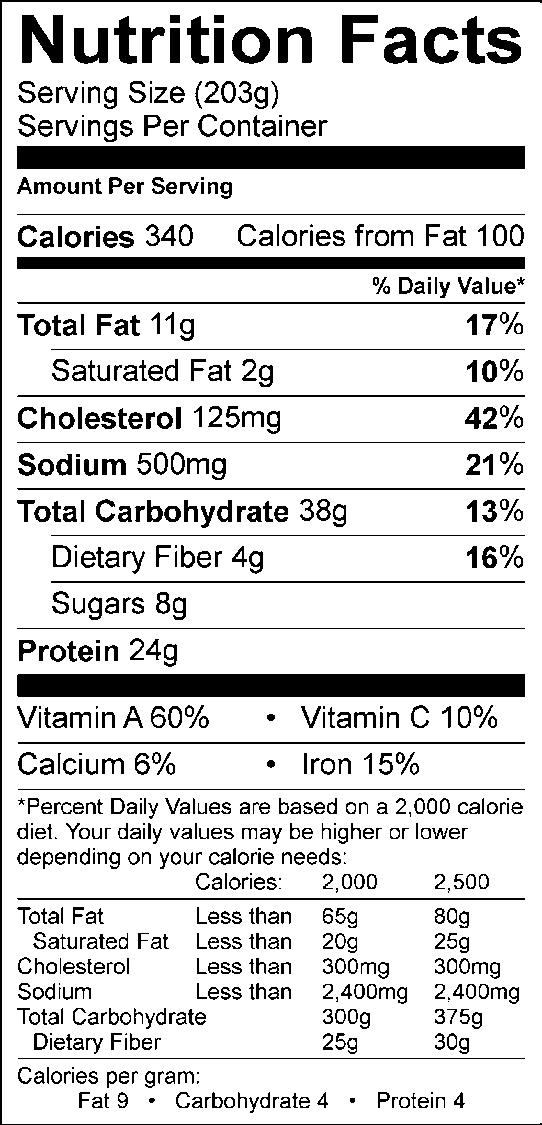 Nutrition facts, with 203g serving size, 340 calories, 100 calories from fat