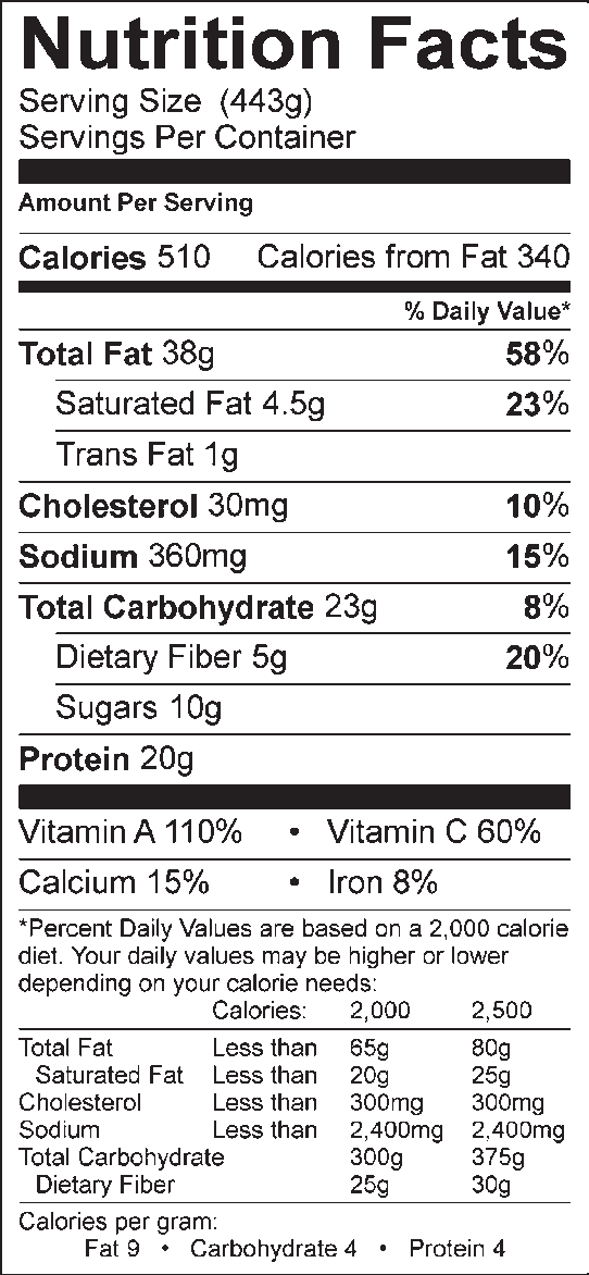 Nutrition facts, with 443g serving size, 510 calories, 340 calories from fat