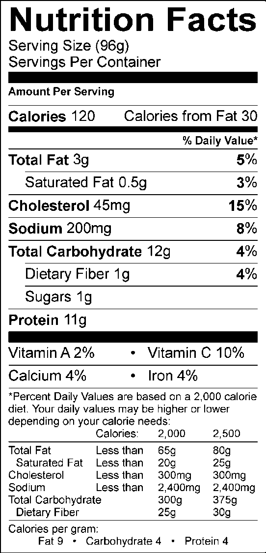 Nutrition facts, with 96g serving size, 340 calories, 100 calories from fat