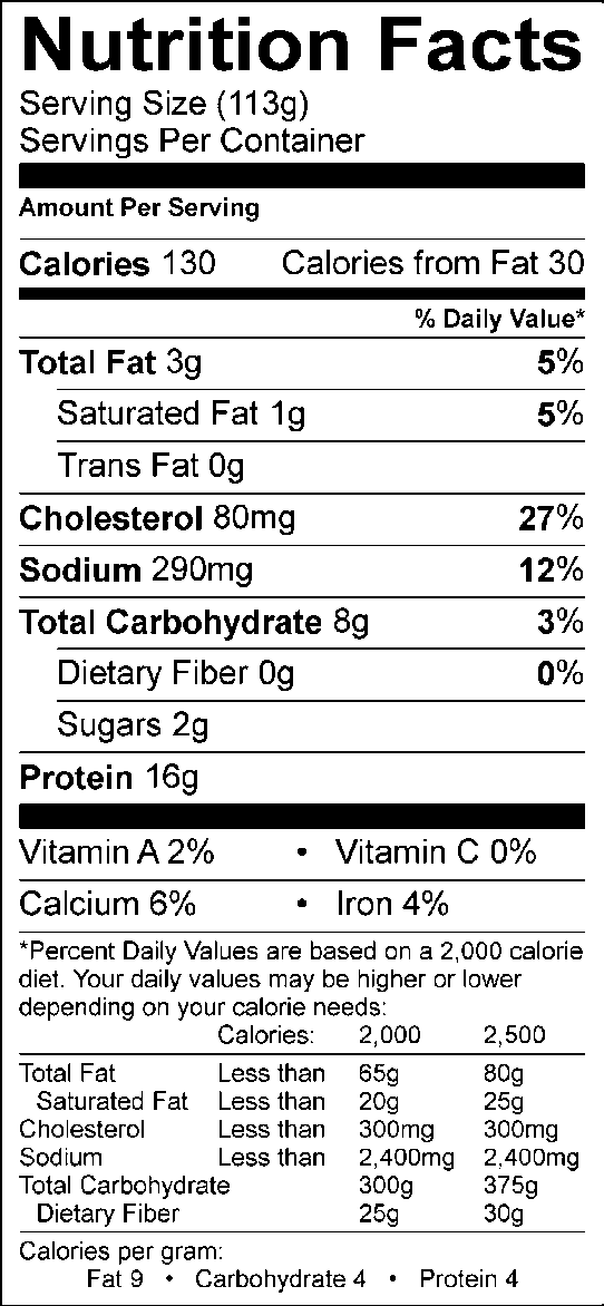 Nutrition facts, with 113g serving size, 130 calories, 30 calories from fat
