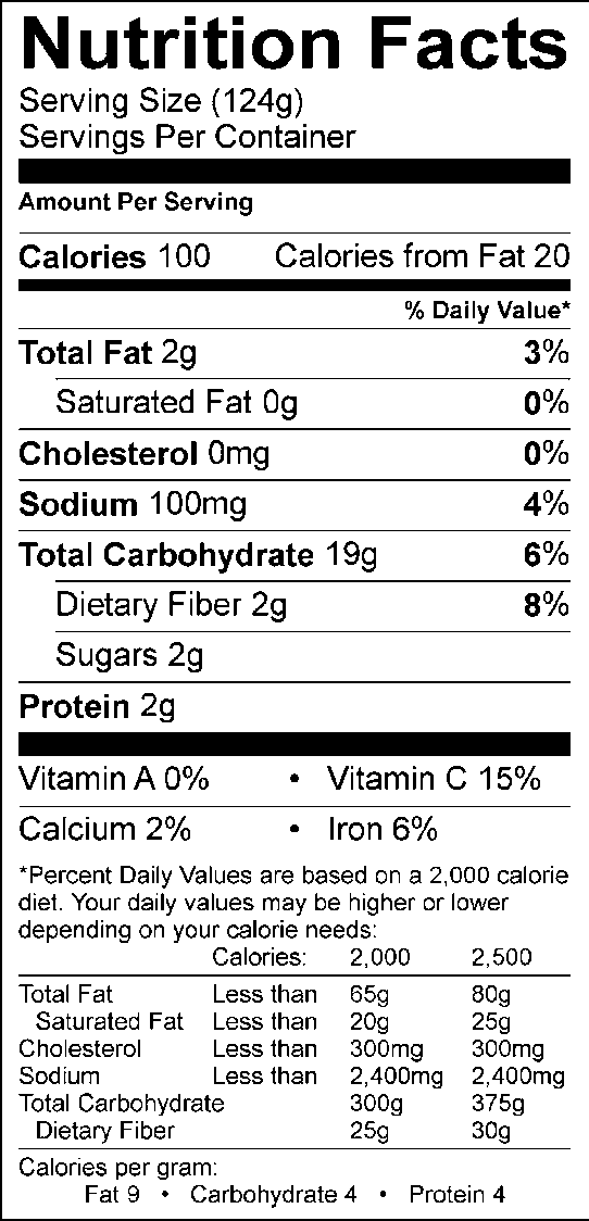 Nutrition facts, with 124g serving size, 100 calories, 20 calories from fat