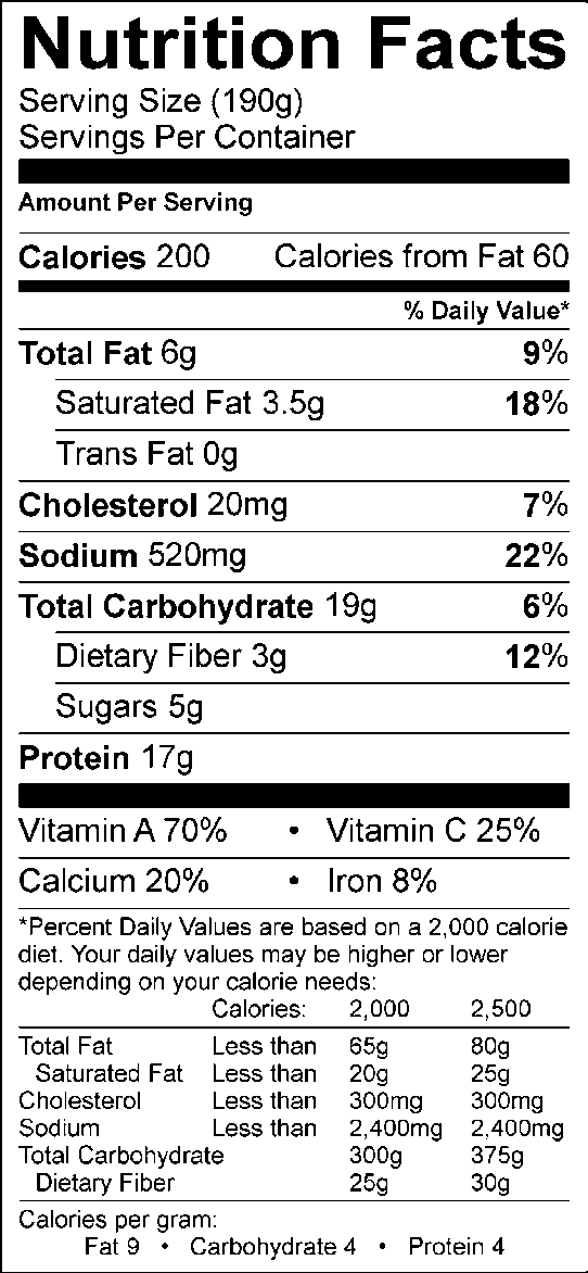 Nutrition facts, with 190g serving size, 200 calories, 60 calories from fat