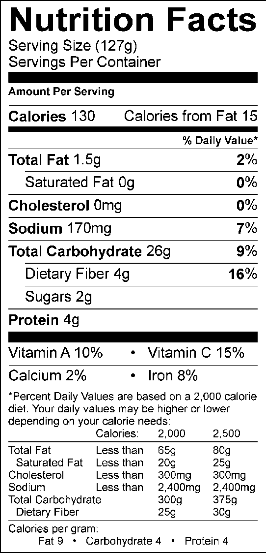 Nutrition facts, with 127g serving size, 130 calories, 15 calories from fat