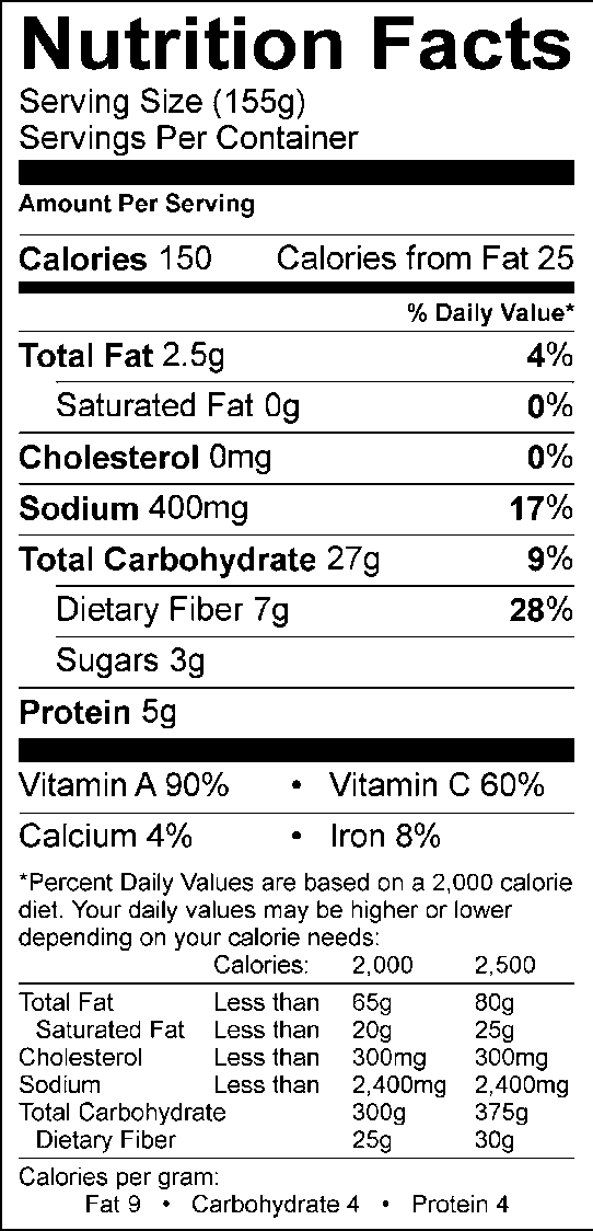 Nutrition facts, with 155g serving size, 150 calories, 25 calories from fat