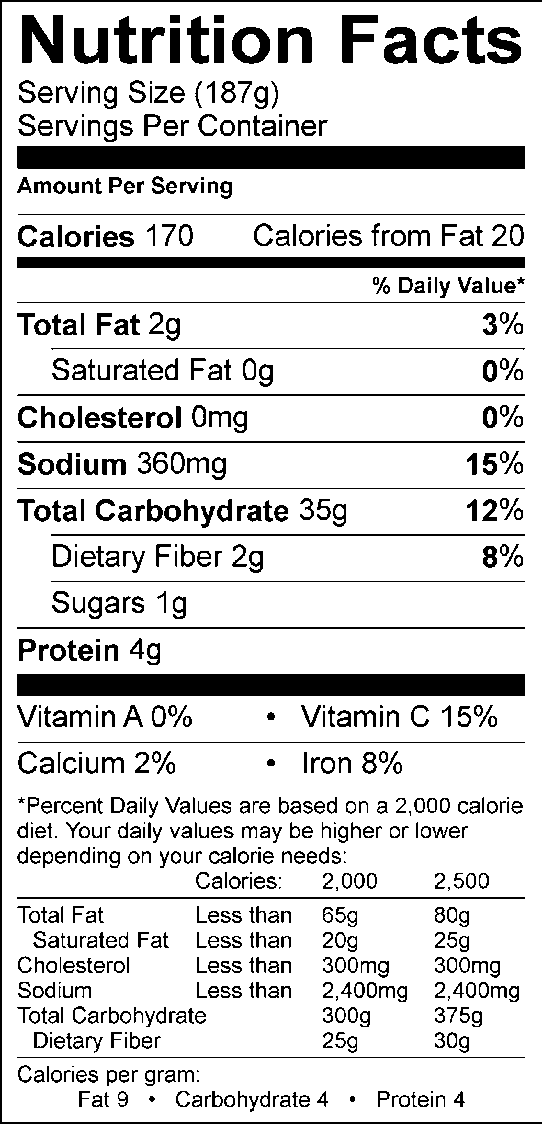 Nutrition facts, with 187g serving size, 170 calories, 20 calories from fat