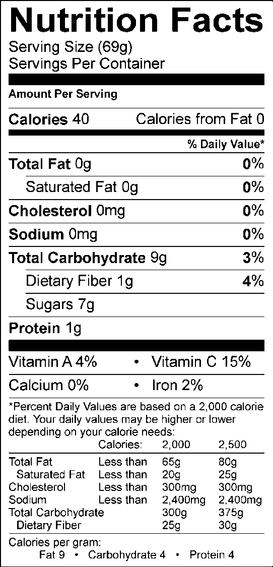 Nutrition facts, with 69g serving size 40 calories, 0 calories from fat
