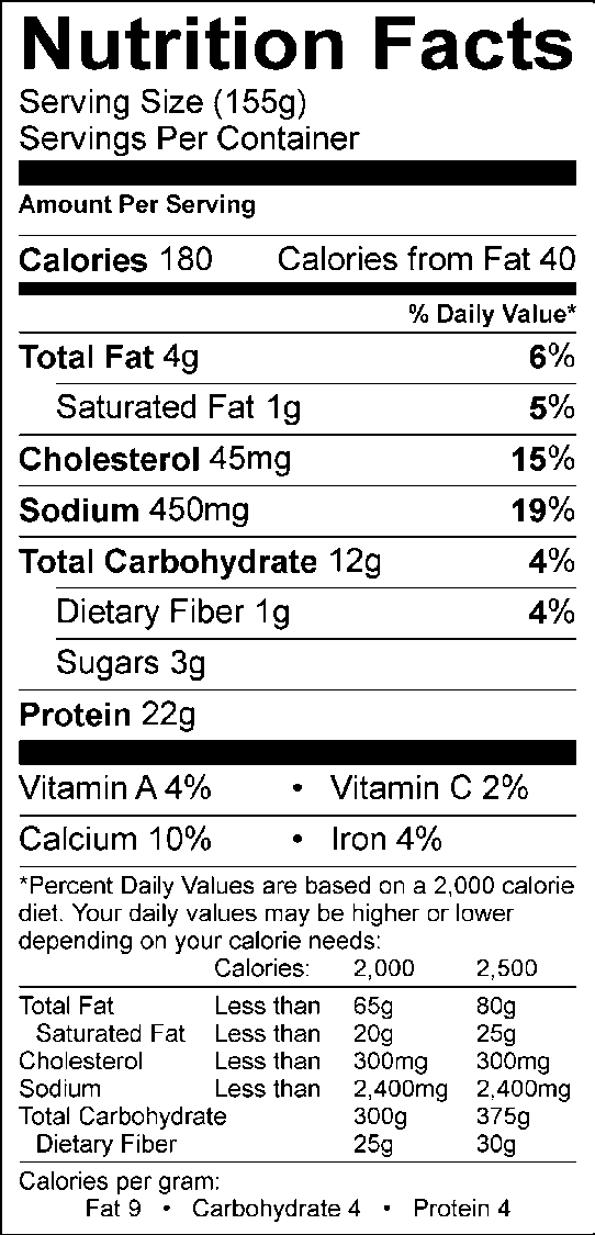 Nutrition facts, with 155g serving size, 180 calories, 40 calories from fat
