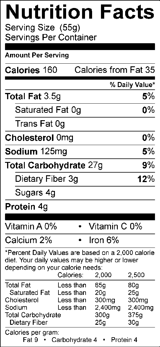 Nutrition facts, with 55g serving size, 160 calories, 35 calories from fat