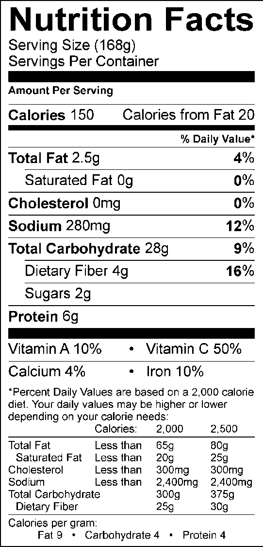 Nutrition facts, with 168g serving size, 150 calories, 20 calories from fat